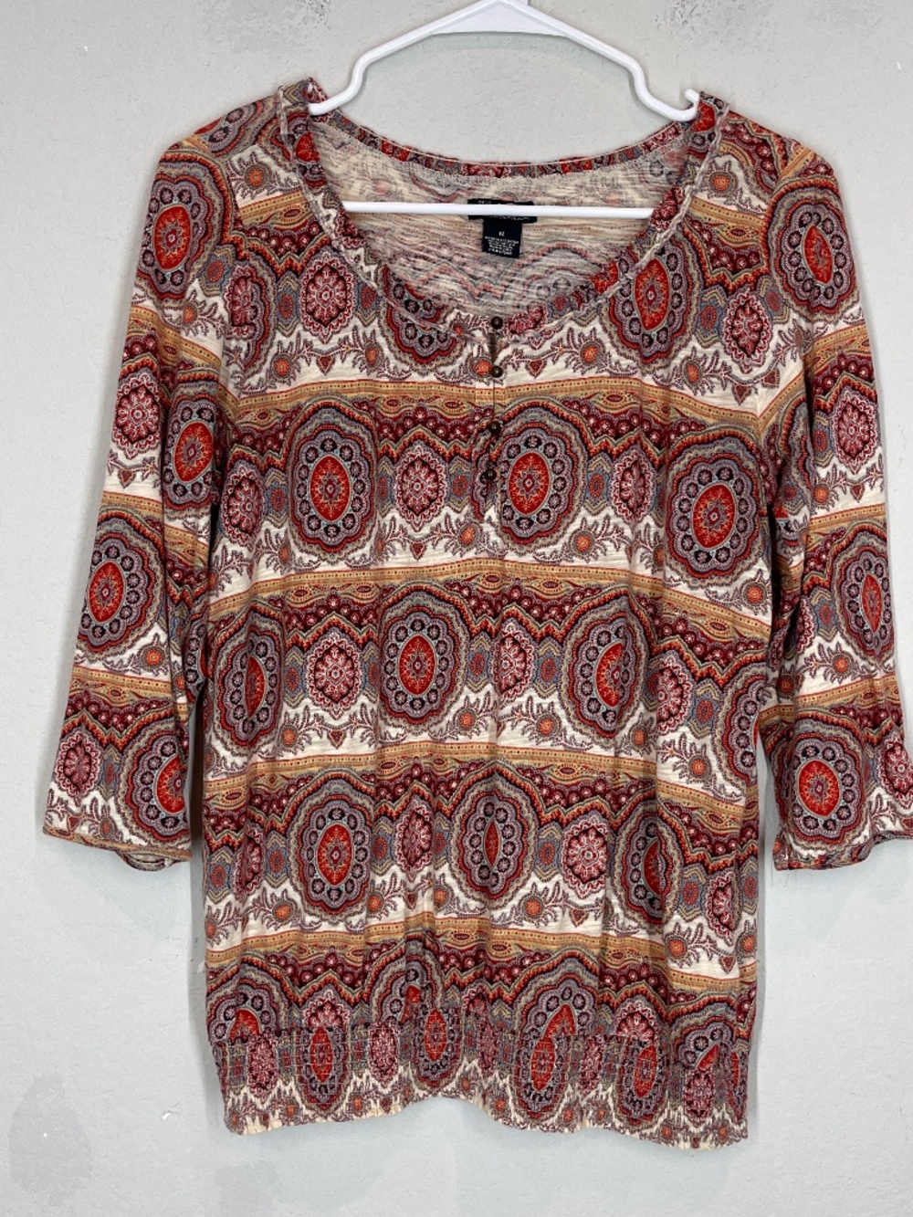 Lucky Brand Top Women's M Paisley Print 3/4 Sleeve Henley Neckline Boho